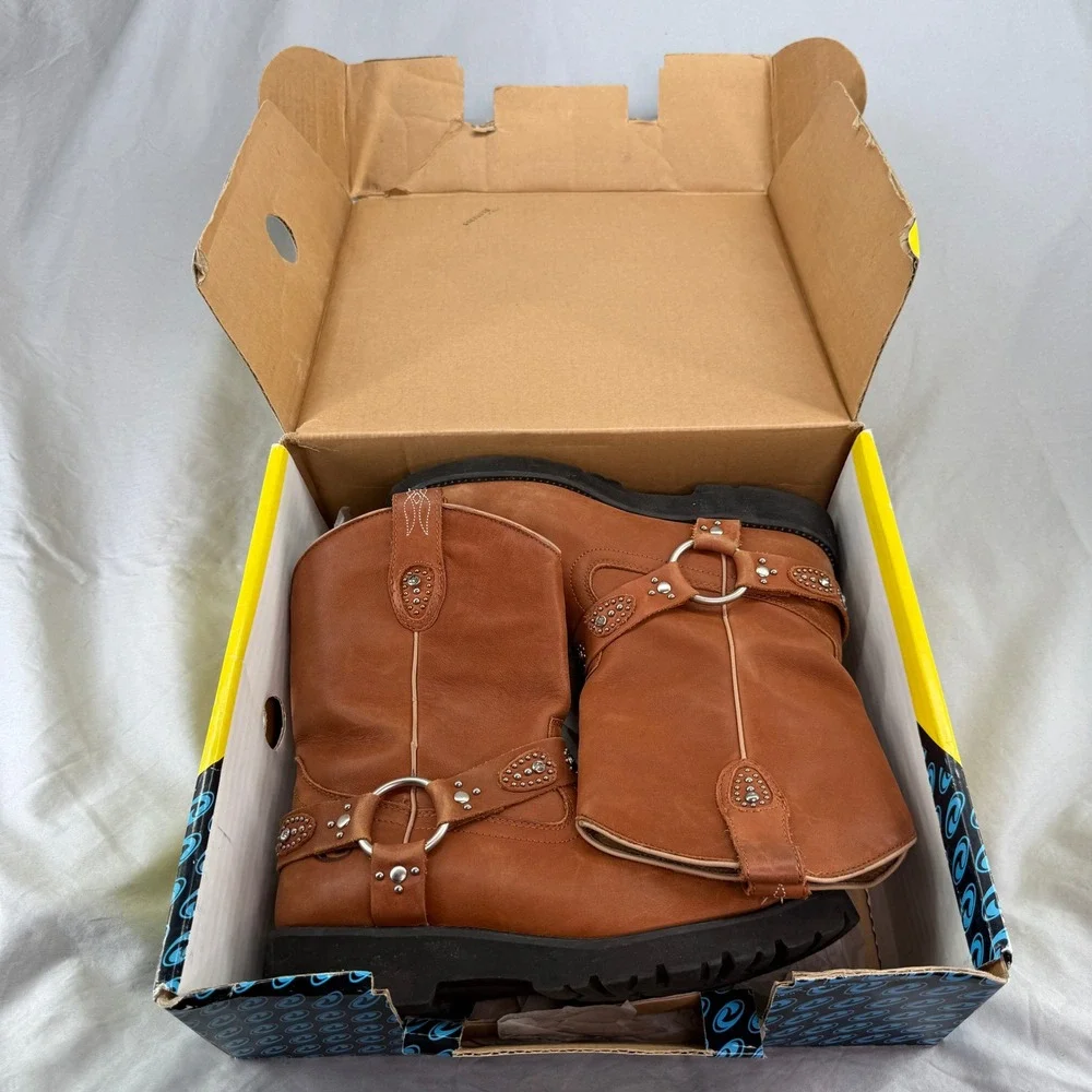 Roper 9.5 Brown Leather Western Harness Chunk Boots Studded Lug Sole Womens